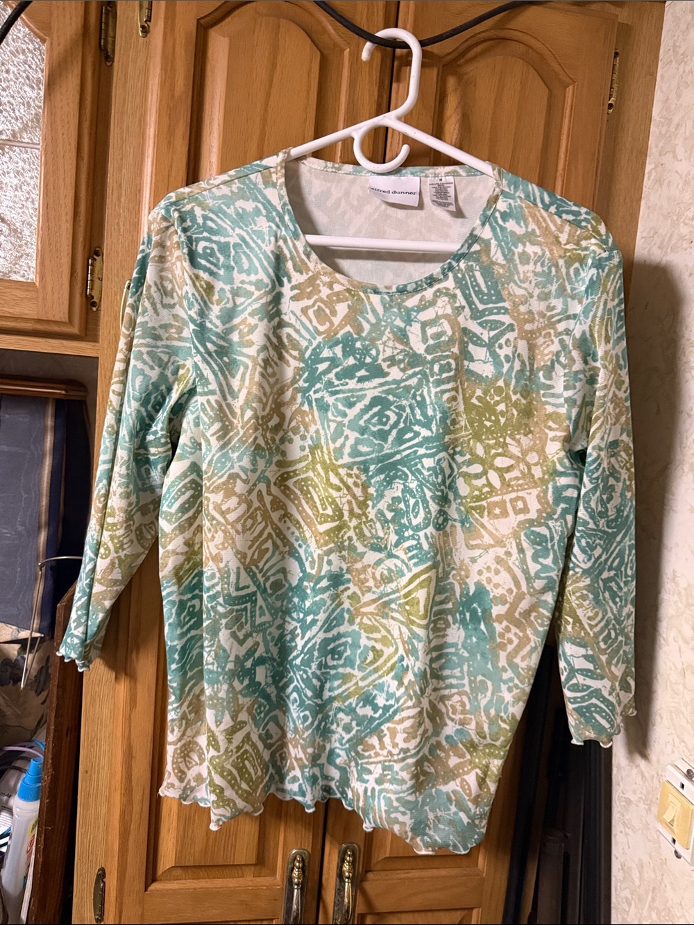Alfred Dunner Aqua, Cream & Light Green Printed Long Sleeve Scoop Neck Top